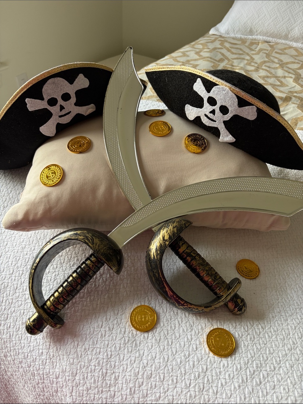 TWO Kids Pirate Hats and TWO Sword Halloween costume Set - with COINS!